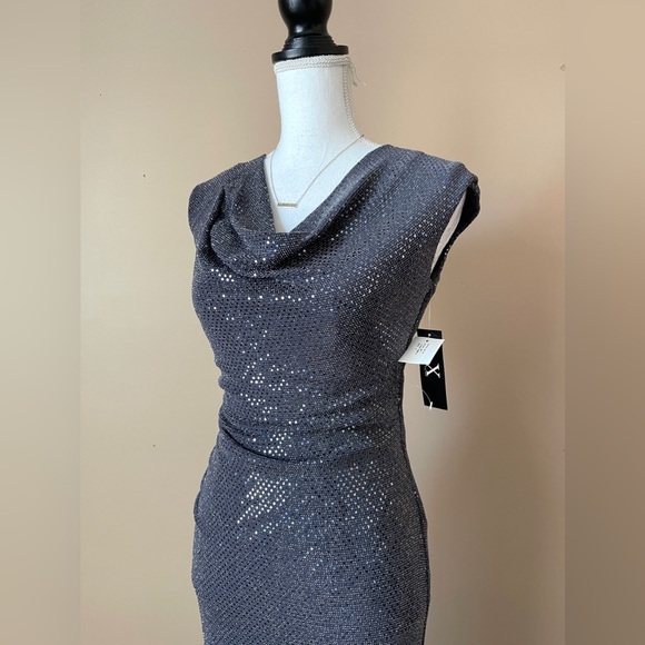 X BY XSCAPE | Gunmetal Gray Sequin Draped Neck Open Back Gown - Picture 4 of 11